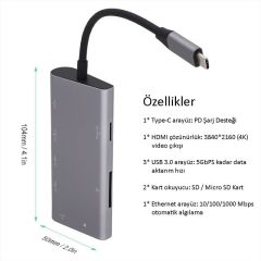 CODEGEN CDG-CNV40 USB 3.1 Type-C - USB 3.0+ RJ45 + SD/Micro Sd Kart
